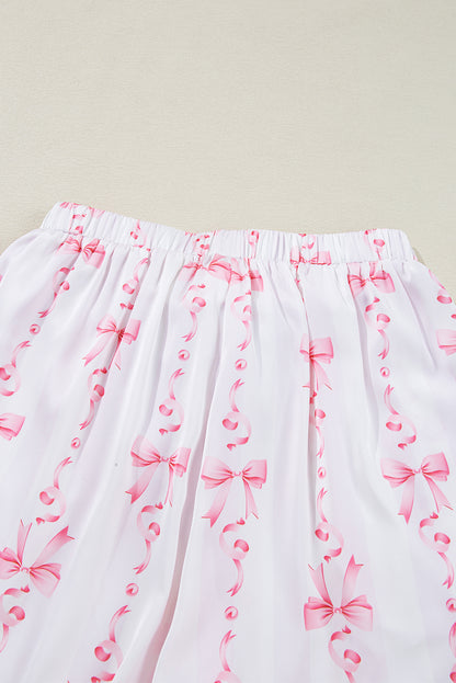 Satin Bow Bell Sleeve Shirt And Ruffled Shorts Pajama Set | Pink