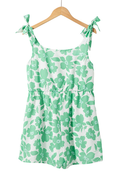 Flower Print Knotted Straps Square Neck Romper | Green