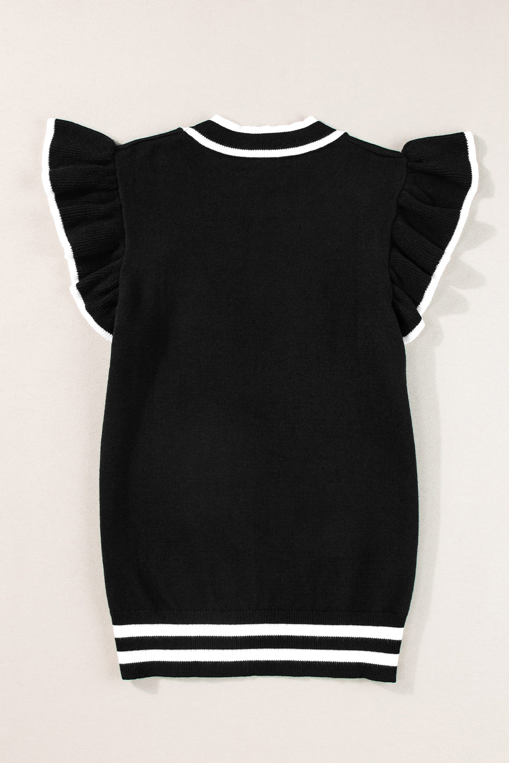 Edge Piping Ruffled Sleeve Round Neck Knit T Shirt | Black