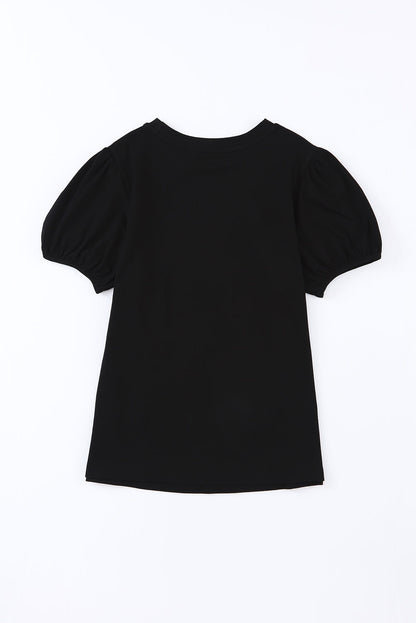 Embroidered Flower Short Puff Sleeve Tee | Black