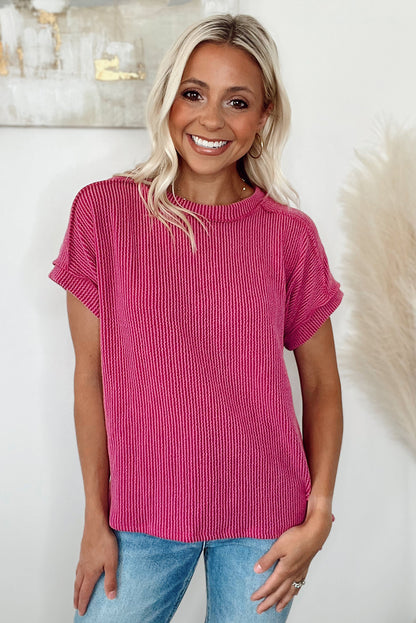 Textured Knit Exposed Stitching T-Shirt | Rose Red