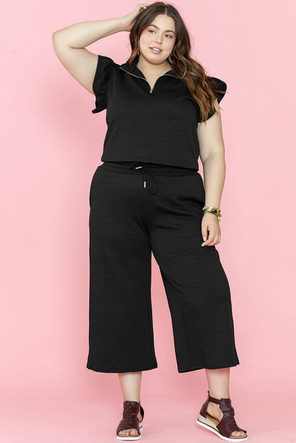 Plus Ruffled Sleeve Quarter Zip Top Wide Leg Pants Set | Black