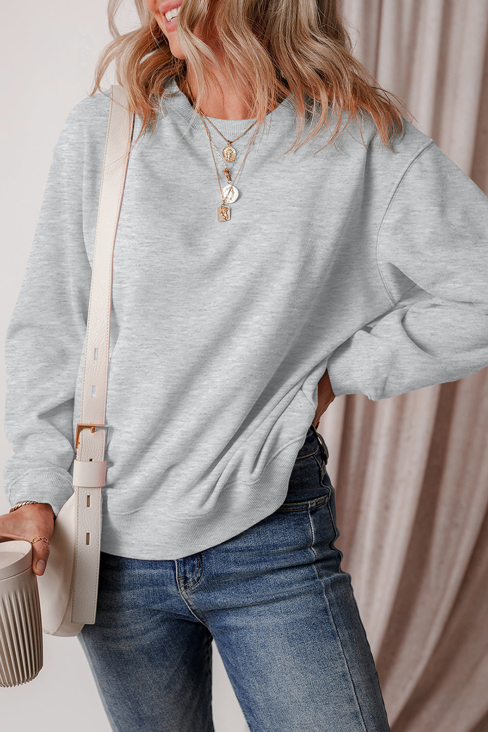 Solid Fleece Lined Drop Shoulder Terry Sweatshirt | Gray