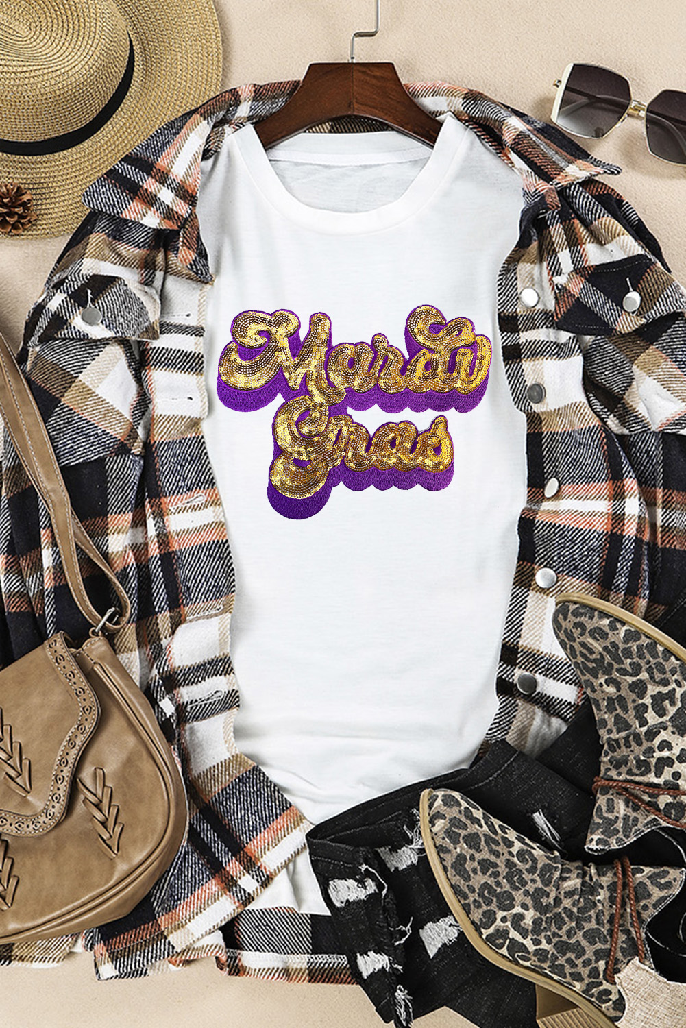 White Mardi Gras Sequin Chenille Graphic Plus Size Tee