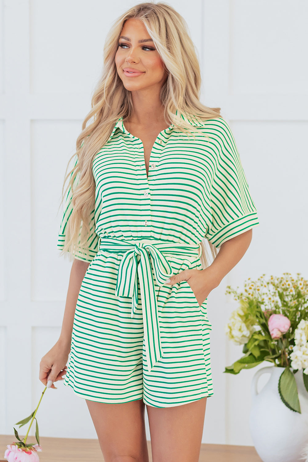 Textured Short Sleeve Collared Buttoned Waist Tie Romper | Green Stripe