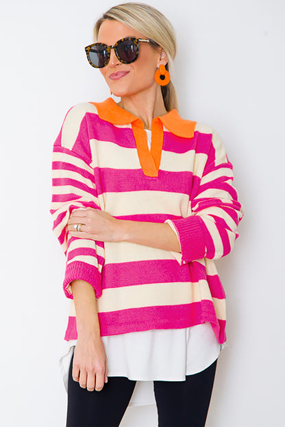 Colour Block Collared V Neck Drop Shoulder Sweater | Rose Stripe