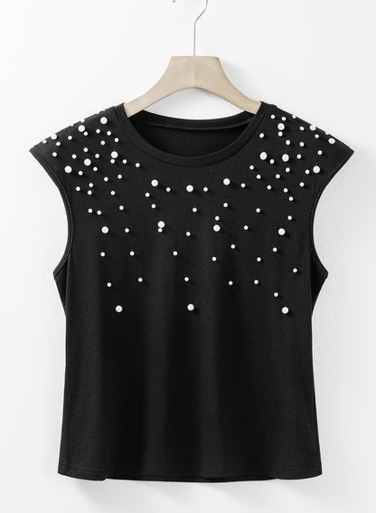 Pearls Beaded Shoulder Pad Crew Neck Tank Top | Black