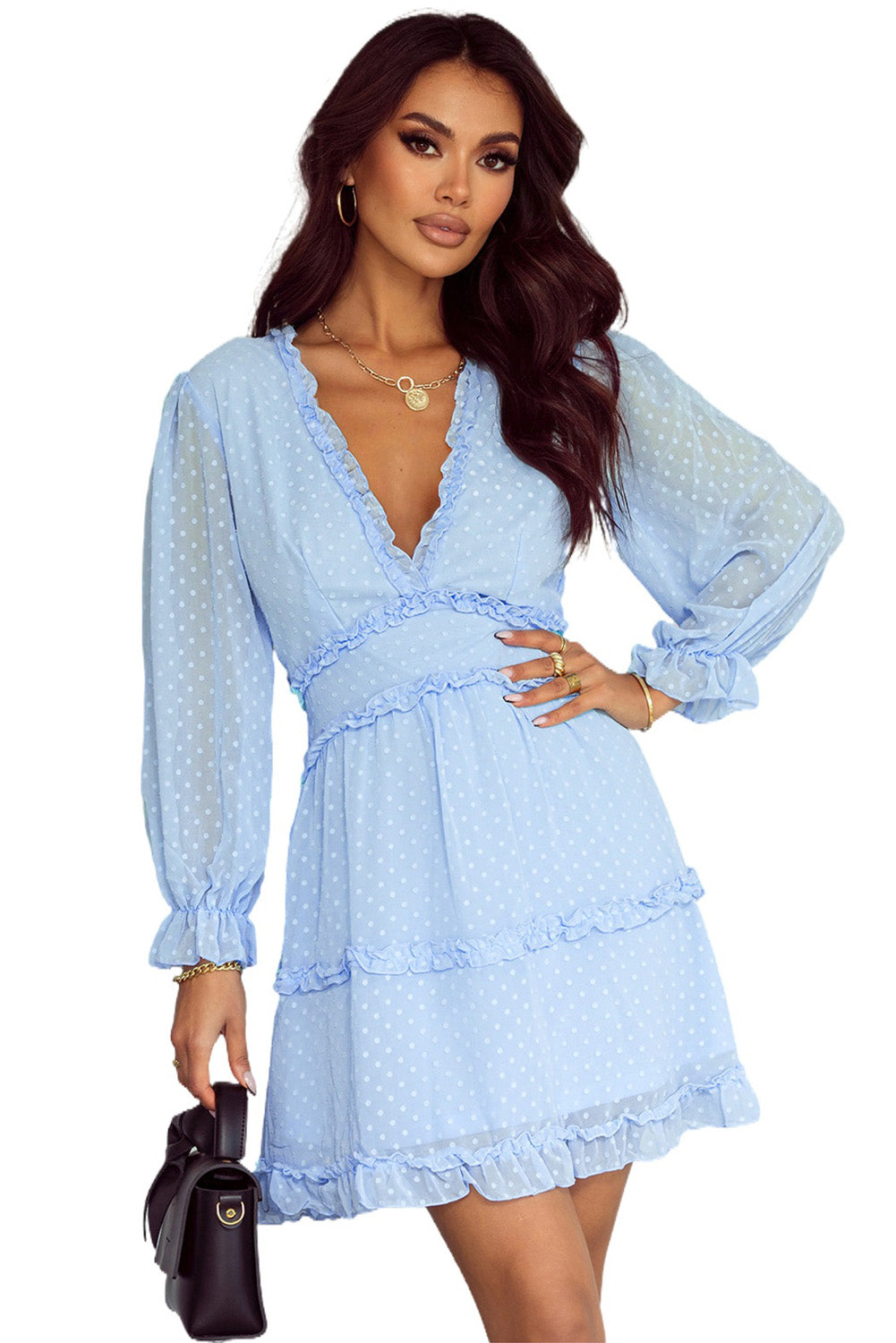 Layered Ruffled Open Back Puff Sleeve Swiss Dot Mini Dress | Sky Blue