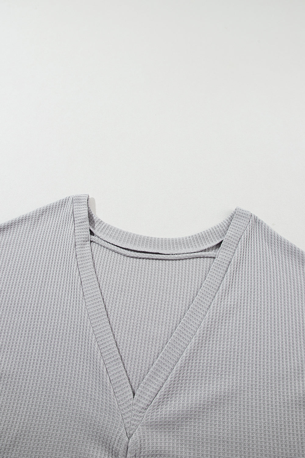 V Cut Drawstring Back Waffle Knit Long Sleeve Top | Gray