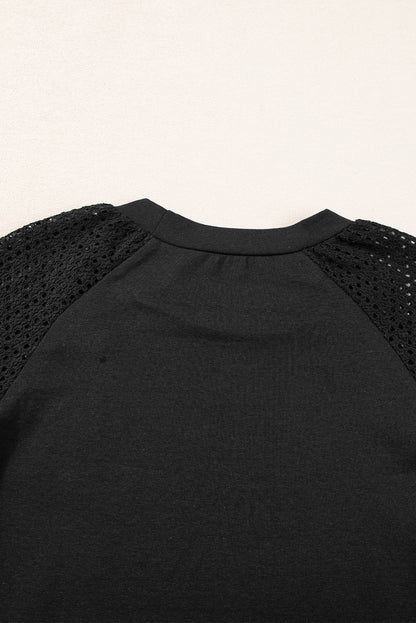 Pointelle Lace Half Sleeve Crew Neck Tee | Black