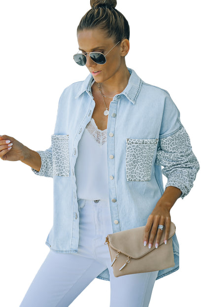 Contrast Leopard Denim Jacket | Sky Blue