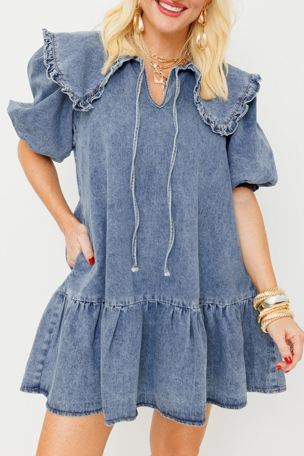 Ruffled Collared Side Pockets Puff Sleeve Denim Mini Dress | Dusk Blue