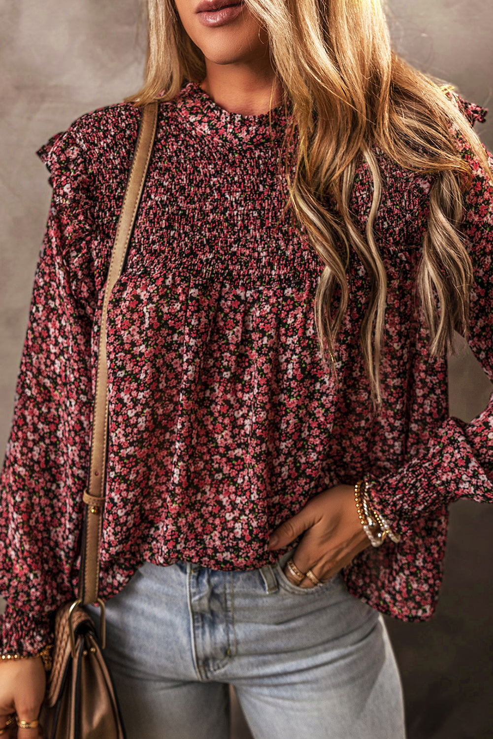 Ditsy Floral Smocked Ruffle Long Sleeve Blouse | Fiery Red