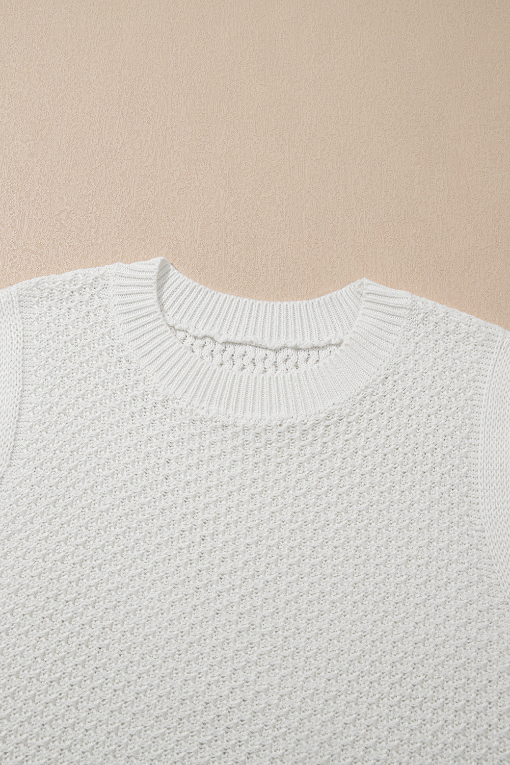 Solid Colour Eyelet Knit Crew Neck Sweater Vest | White