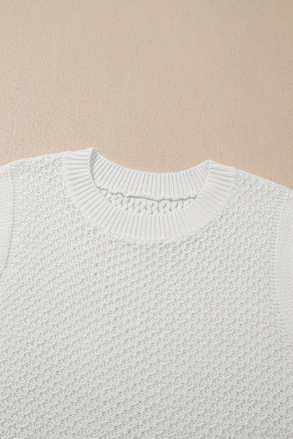 Solid Colour Eyelet Knit Crew Neck Sweater Vest | White