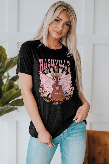 Nashville Music City Graphic Print Short Sleeve Top | Black