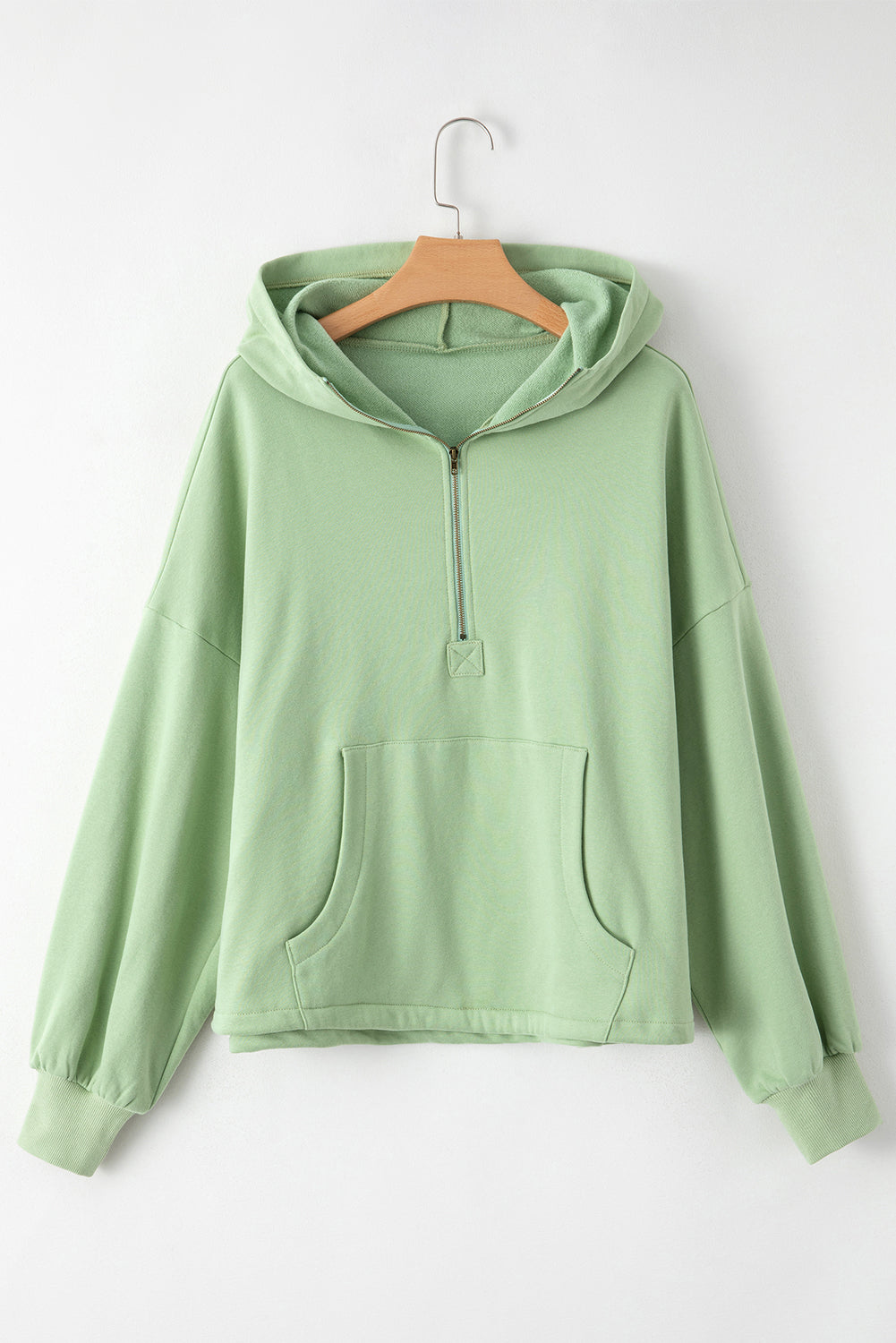 Fleece Lined Half Zipper Kangaroo Pockets Loose Hoodie | Smoke Green