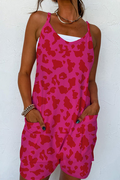 Leopard Pocketed V Neck Sleeveless Romper | Rose Red