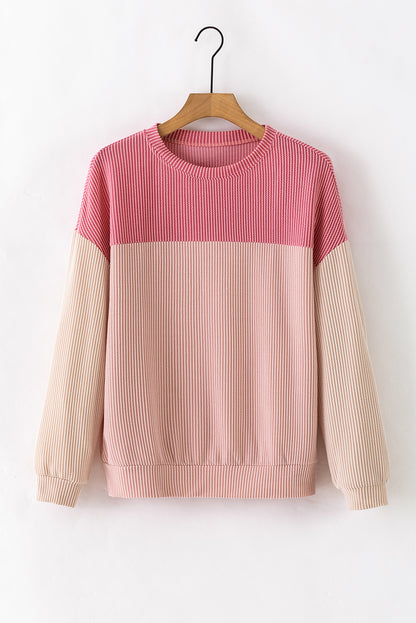 Colour Block Long Sleeve Ribbed Loose Top | Pink