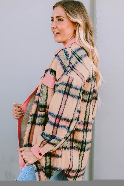 Fuzzy Plaid Corduroy Patchwork Shacket | Pink