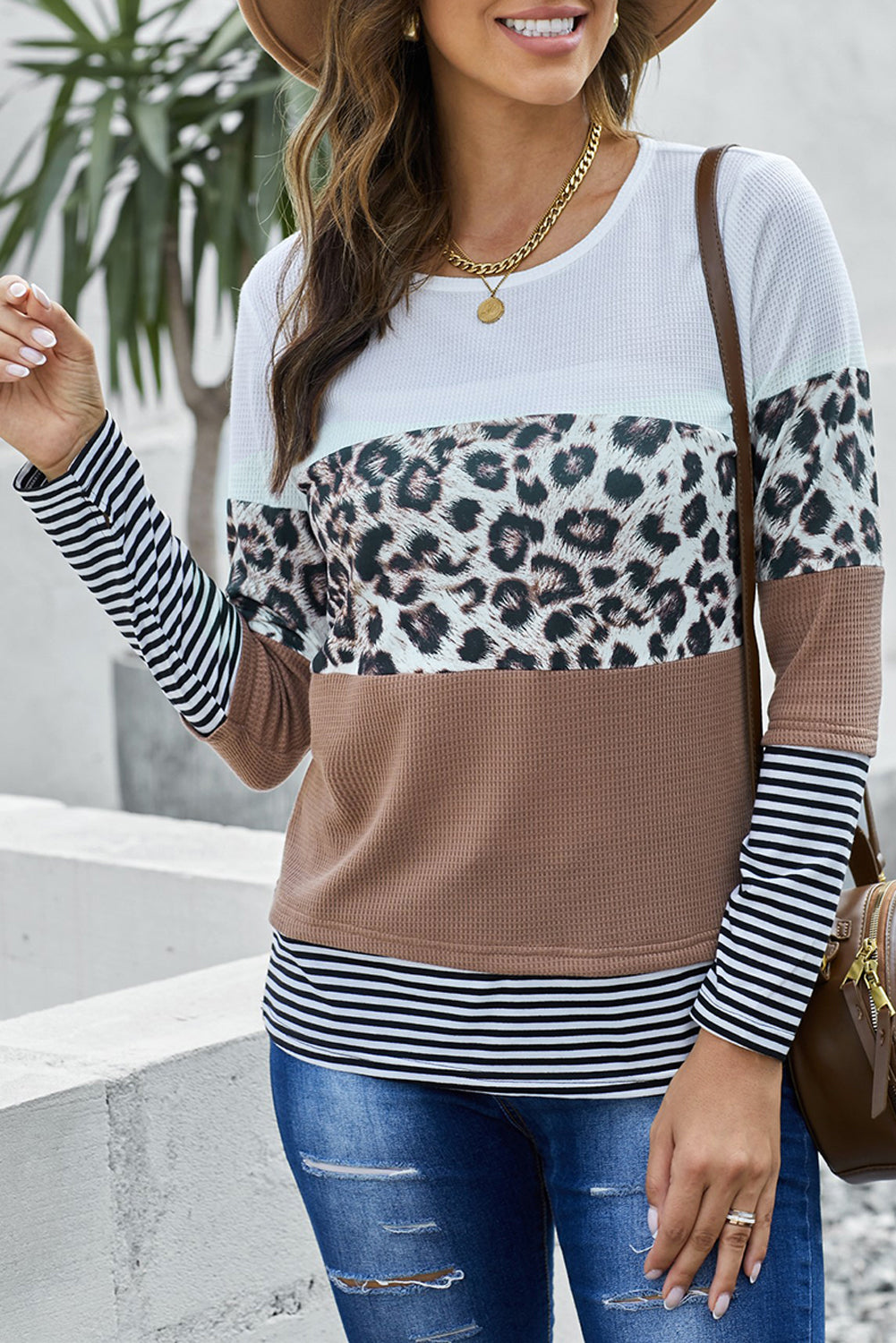 Brown Stripes Leopard Splicing Colorblock Long Sleeve Top