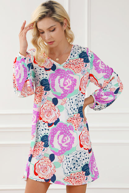 Bracelet Bubble Sleeve Blooming Flower Print Dress | Multicolour