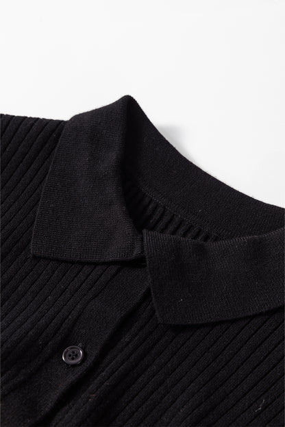 Ribbed Knit Collared Slim Fit Sweater Cardigan | Black