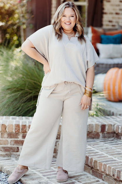 Plus Size Textured Collared Top And Pants Set | Beige