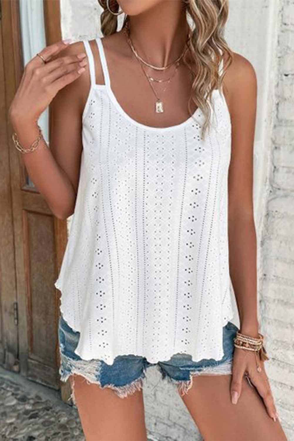 Eyelet Strappy Scoop-Neck Tank Top | White