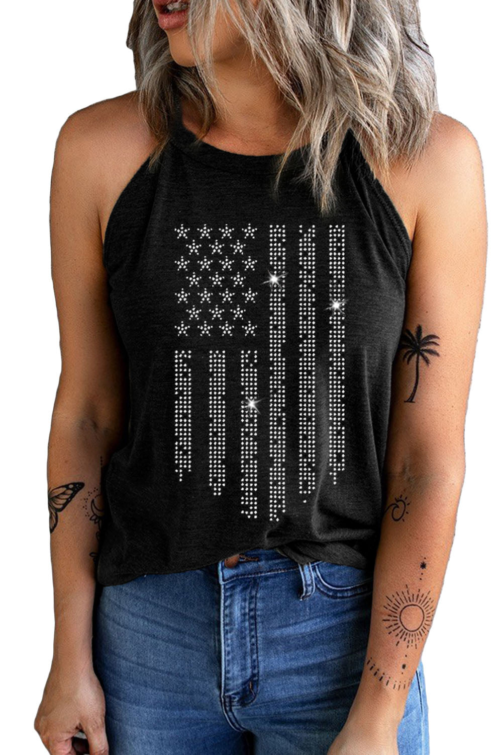 Shiny American Flag Printed O Neck Graphic Tank Top | Black