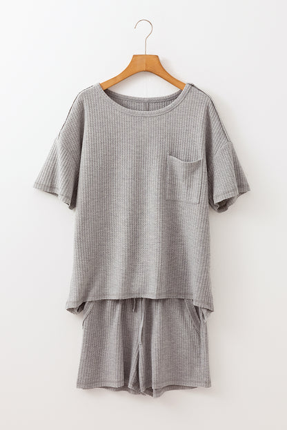 Solid Colour Waffle Knit T Shirt And Shorts Set | Gray