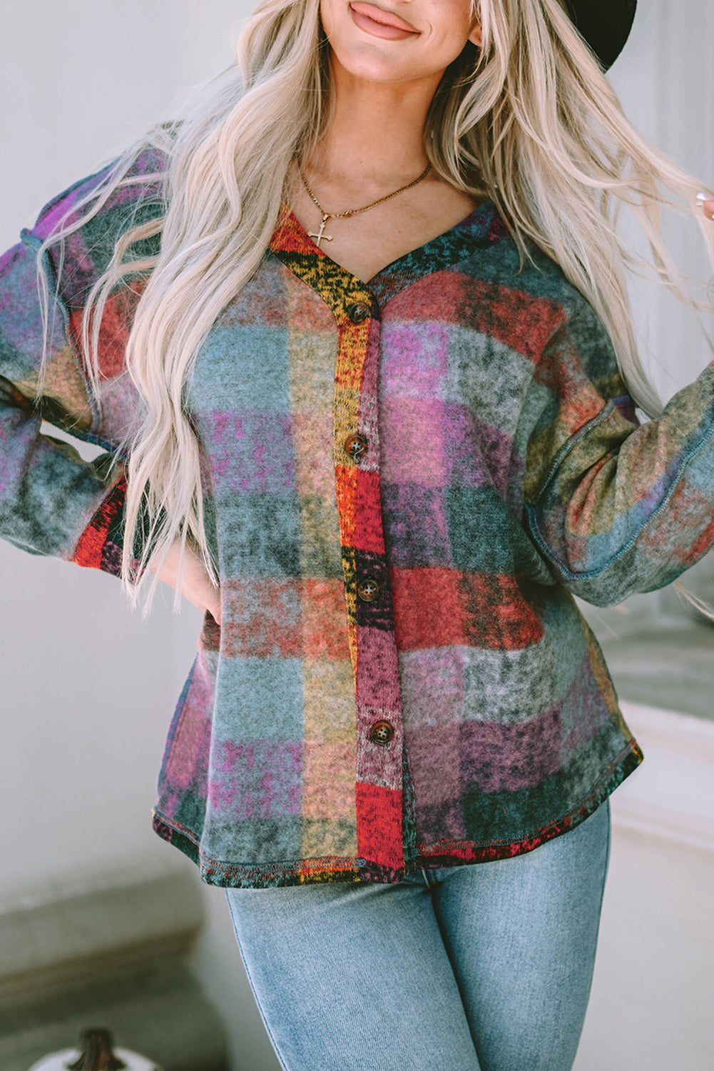 Brushed Checked Western Buttoned Jacket | Multicolour