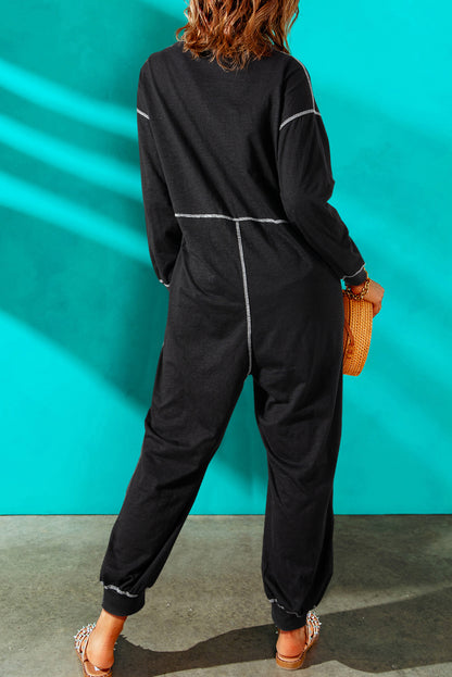 Flatlock Seam Detail V Neck Baggy Jumpsuit | Black