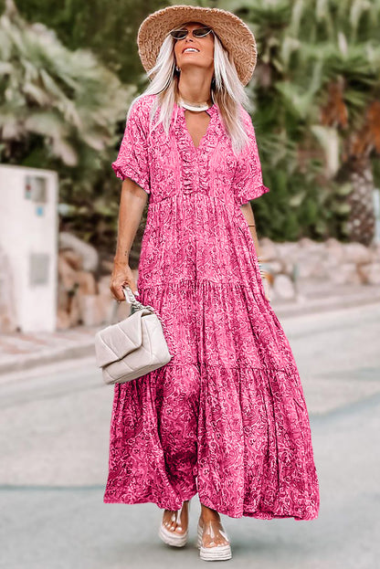 Paisley Print Boho Holiday Ruffle Tiered Maxi Dress | Pink