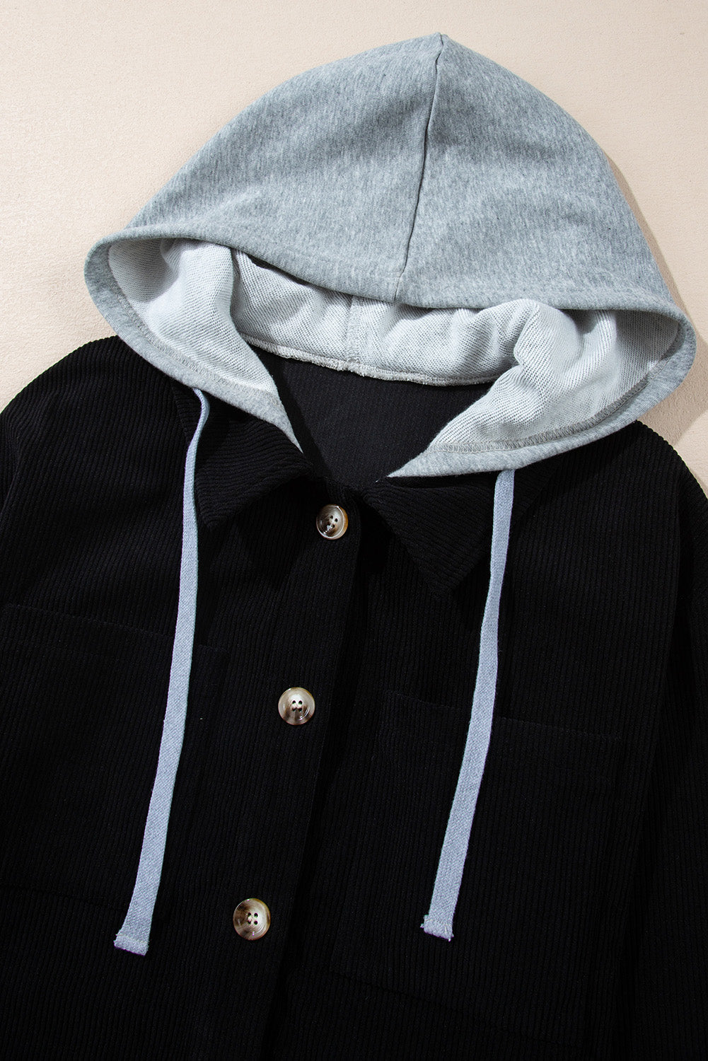 Black Hooded Drawstring Pockets Corduroy Shacket | Colour black