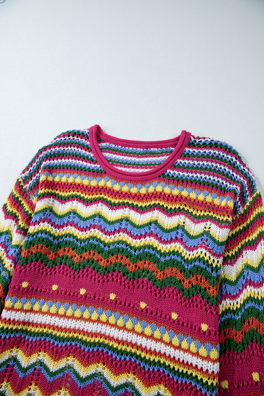 Colourblock Striped Hollowed Knit Loose Sleeve Sweater | Rose Red