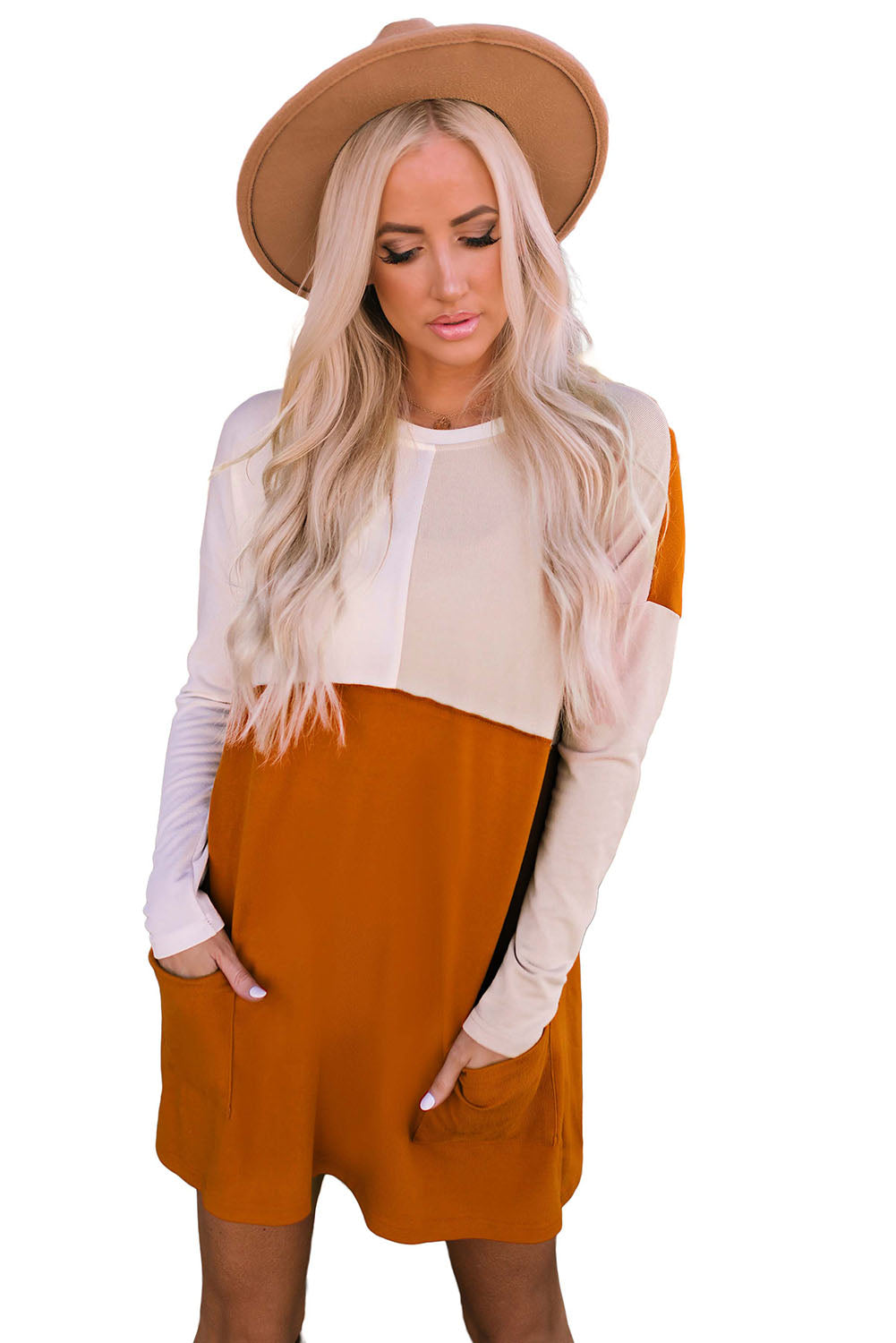 Pocketed Colour Block Patchwork Long Sleeve Top | Orange