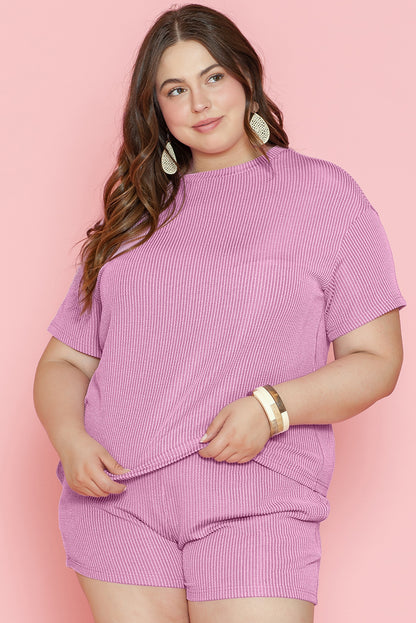 Ribbed Knit T Shirt And Shorts Plus Size Lounge Set | Phalaenopsis