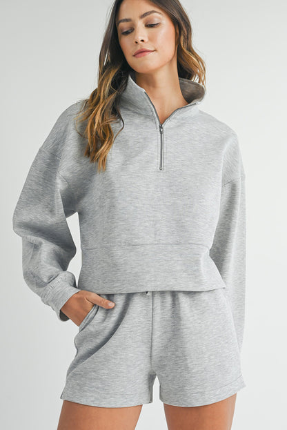 Stand Neck Zipped Sweatshirt And Shorts Set | Light Grey