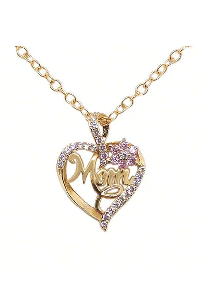 Mom Rhinestone Flower Hollow-Out Heart Necklace | Gold