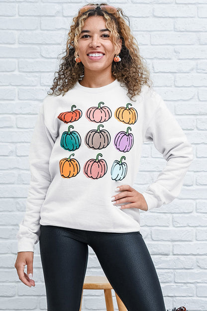 Vibrant Pumpkins Print Crew Neck Halloween Sweatshirt | Beige