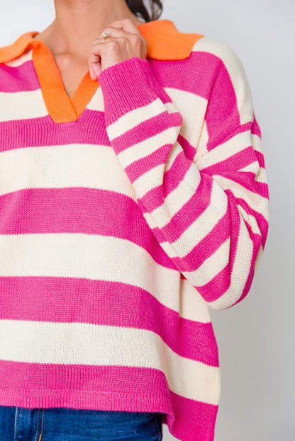 Colour Block Collared V Neck Drop Shoulder Sweater | Rose Stripe