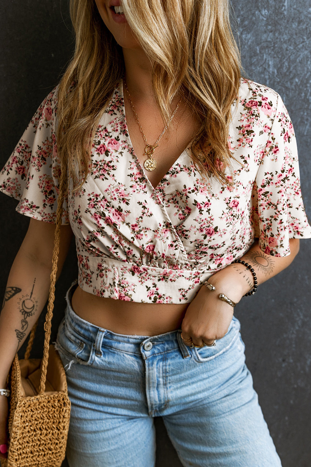 Floral Print V Neck Wrapped Cropped Blouse | Pink