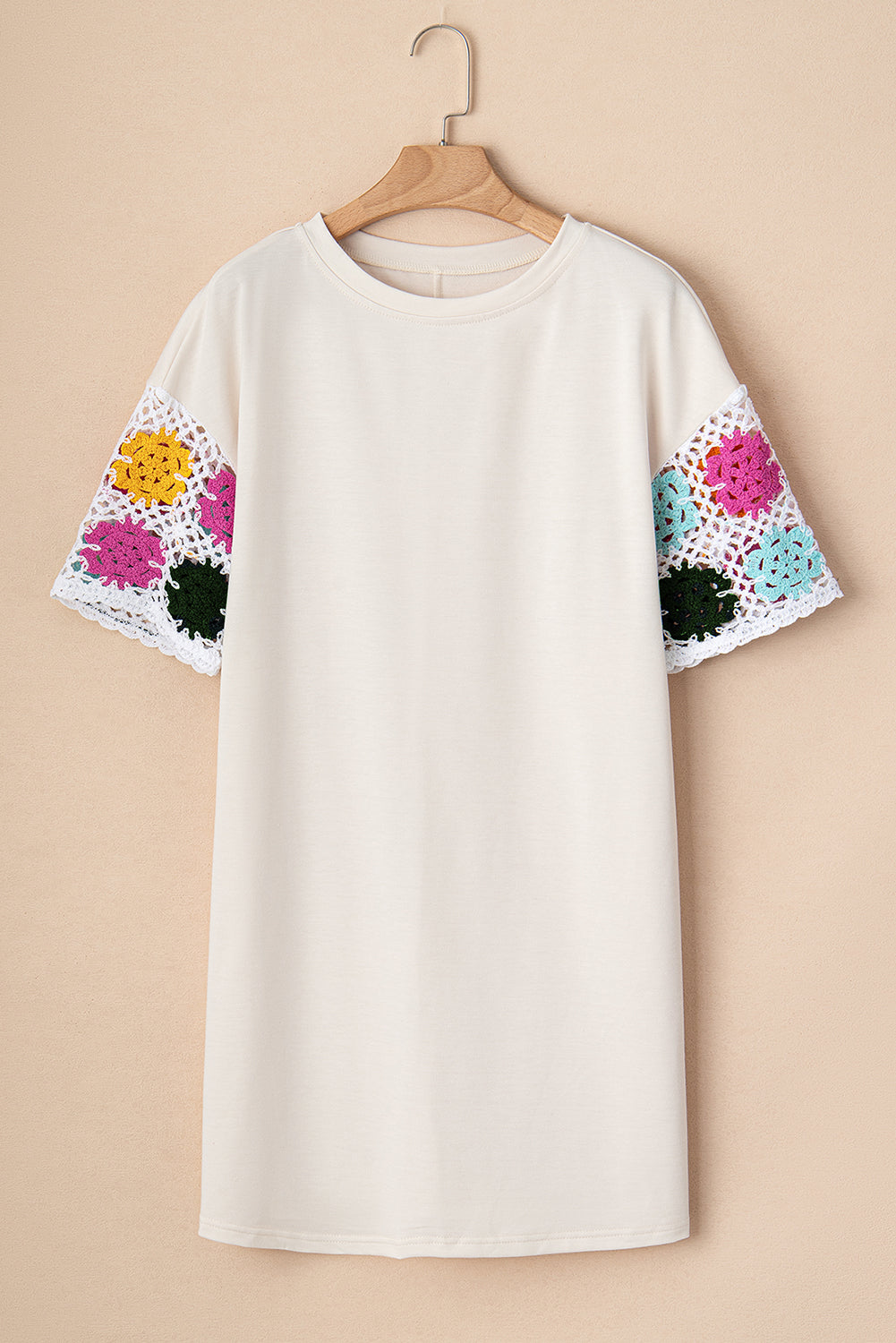 Floral Crochet Splicing Sleeve T Shirt Dress | White