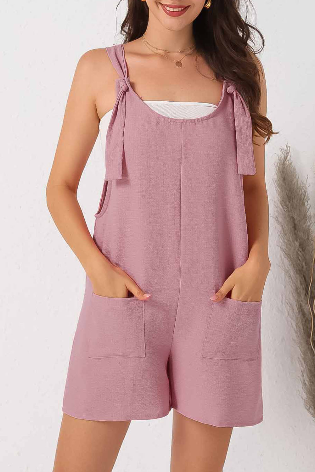 Adjustable Straps Pocketed Textured Romper | Pink