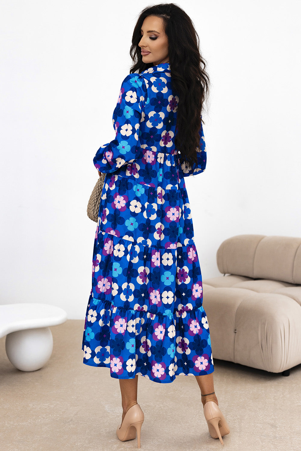 Floral Peasant Sleeve Tiered Ruffle Midi Dress | Blue