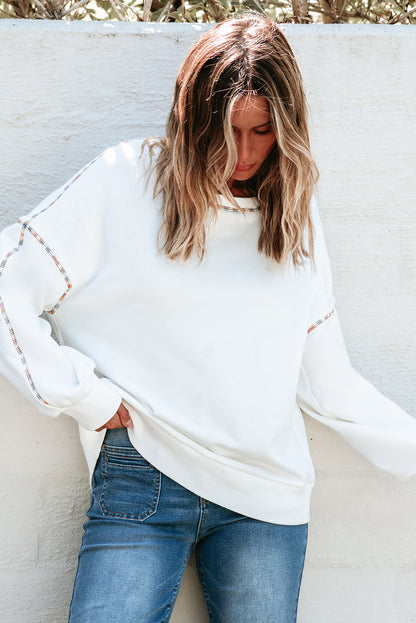 Contrast Rainbow Trim Drop Shoulder Pullover Sweatshirt | White