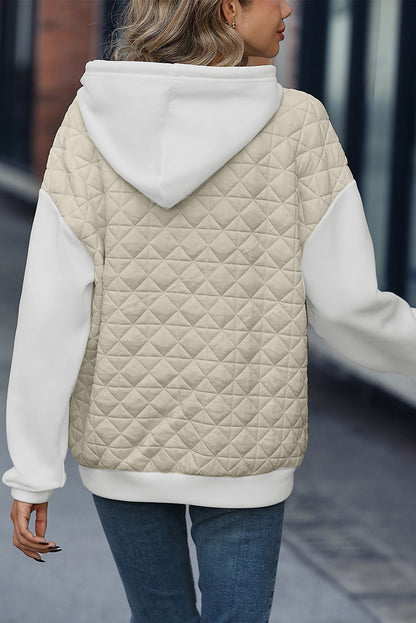 Drop Shoulder Quilted Patchwork Kangaroo Pocket Hoodie | Beige