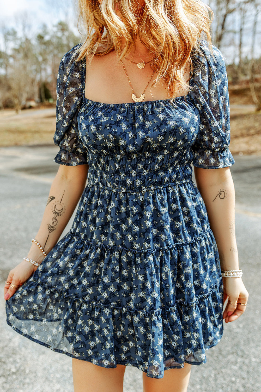 Floral Smocked Tiered Ruffle Short Dress | Sail Blue