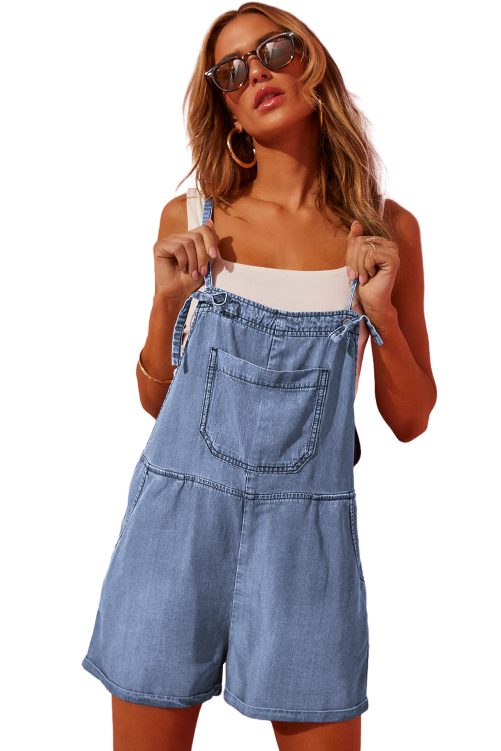 Grommet Tie Straps Casual Denim Romper | Light Blue